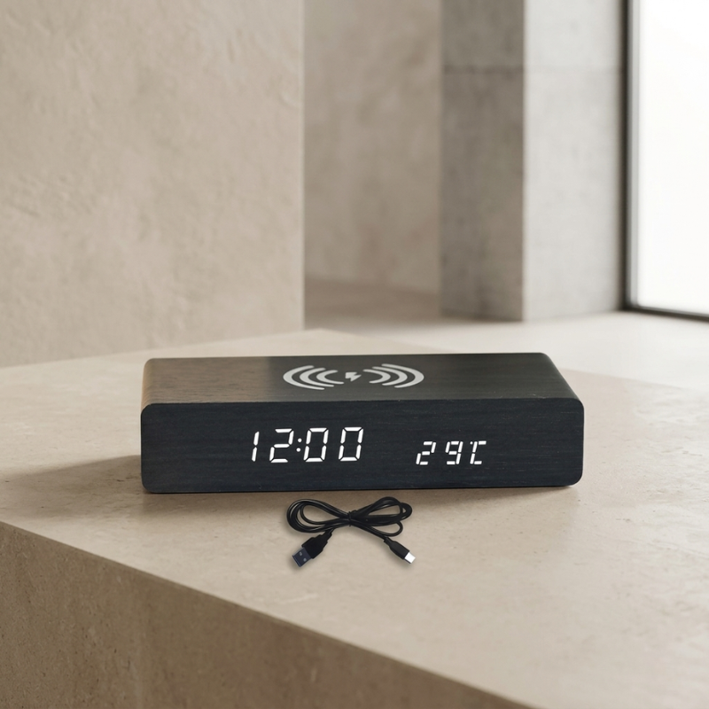 Voltric Wireless Charging Alarm Clock – Digital LED Display Wooden Temperature USB Bedside Charging Station