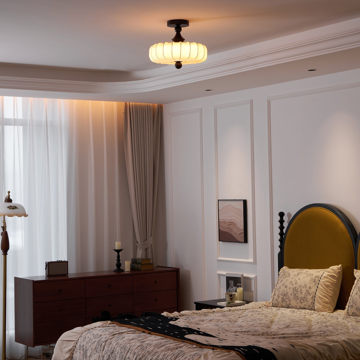 Fabric Scallop Semi-Flush Ceiling Light – Vintage Cream Fixture with Wood Accents