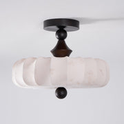 Fabric Scallop Semi-Flush Ceiling Light – Vintage Cream Fixture with Wood Accents