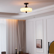 Fabric Scallop Semi-Flush Ceiling Light – Vintage Cream Fixture with Wood Accents