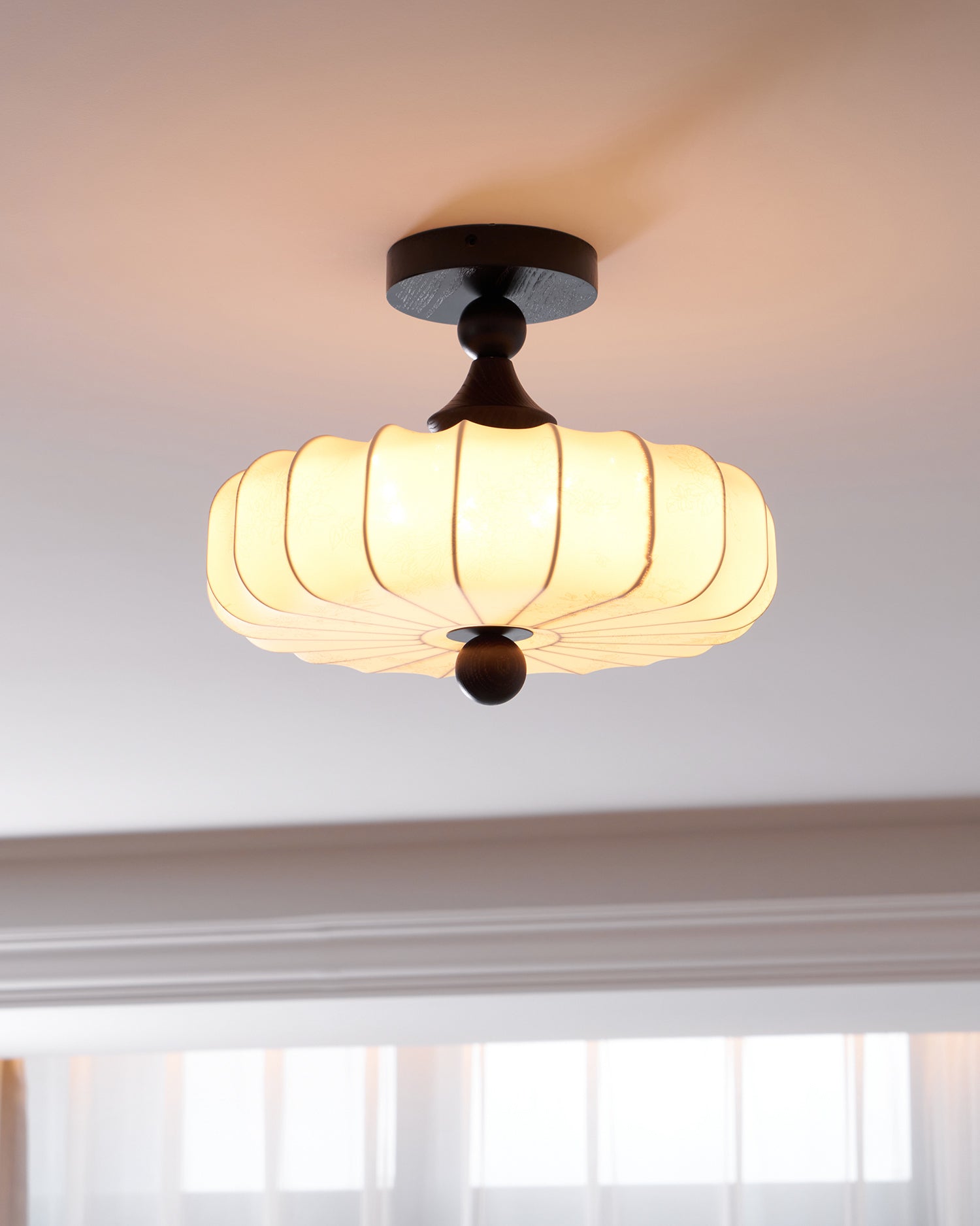 Fabric Scallop Semi-Flush Ceiling Light – Vintage Cream Fixture with Wood Accents