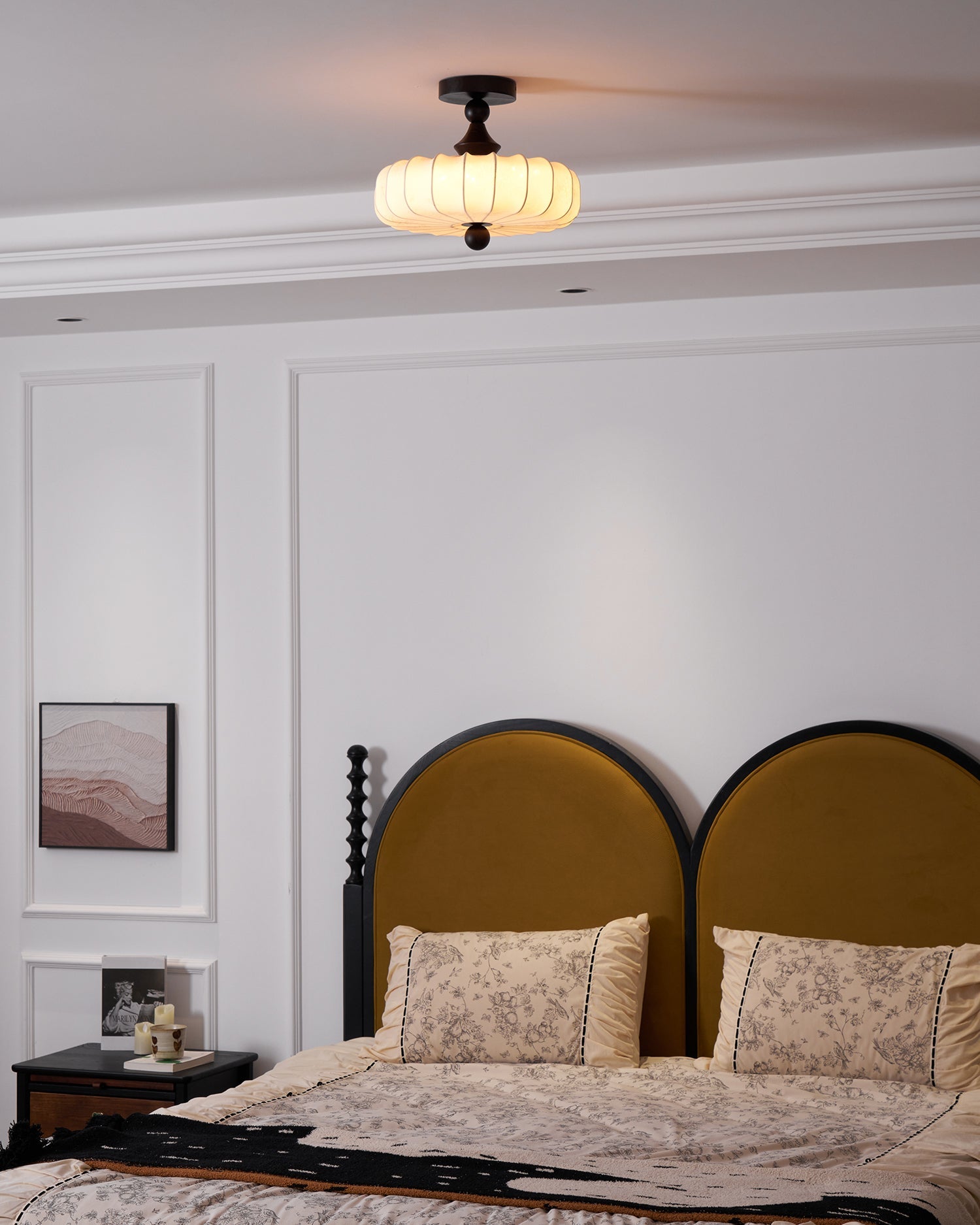 Fabric Scallop Semi-Flush Ceiling Light – Vintage Cream Fixture with Wood Accents