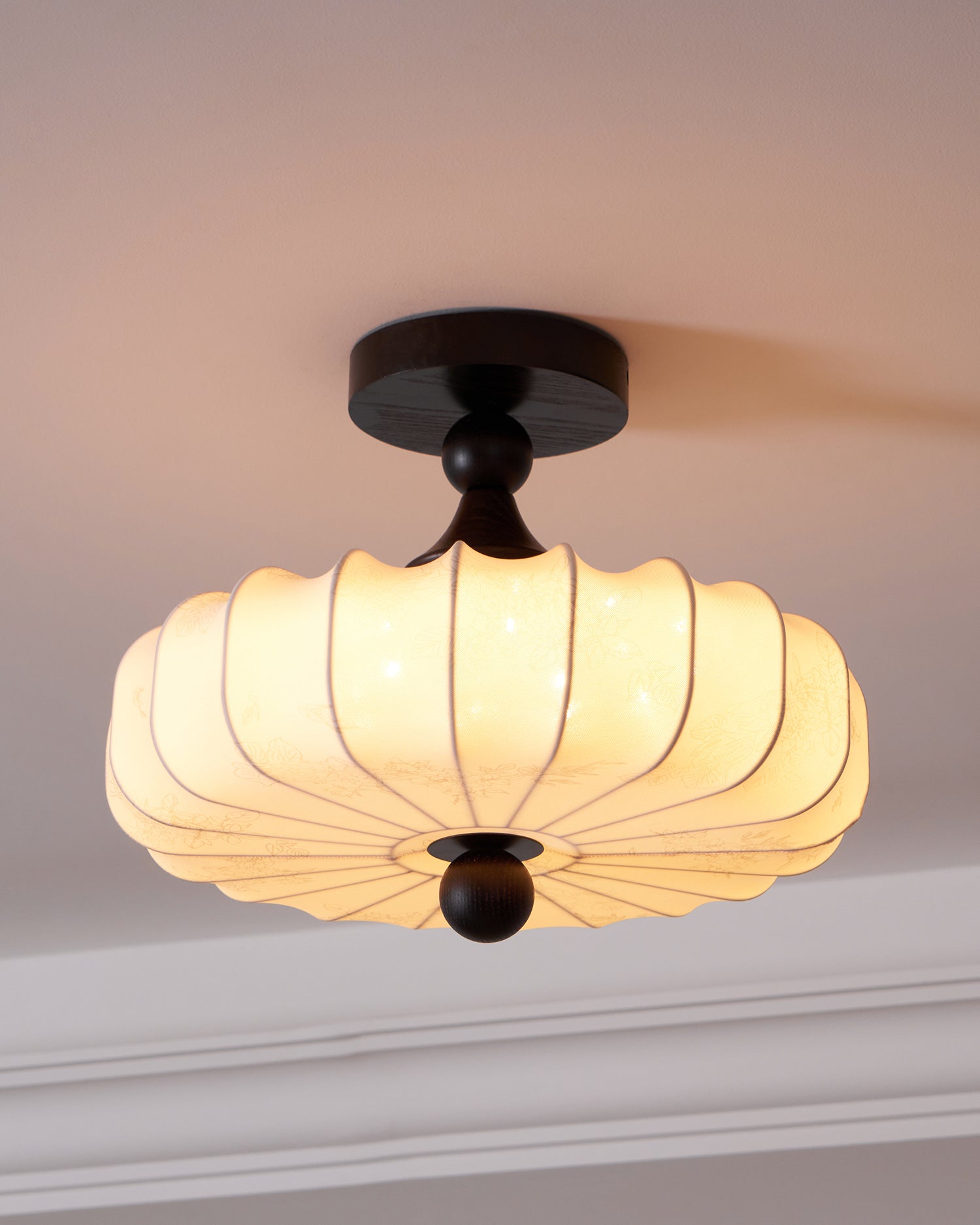 Fabric Scallop Semi-Flush Ceiling Light – Vintage Cream Fixture with Wood Accents