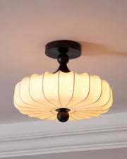 Fabric Scallop Semi-Flush Ceiling Light – Vintage Cream Fixture with Wood Accents