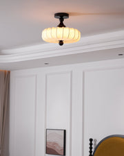 Fabric Scallop Semi-Flush Ceiling Light – Vintage Cream Fixture with Wood Accents