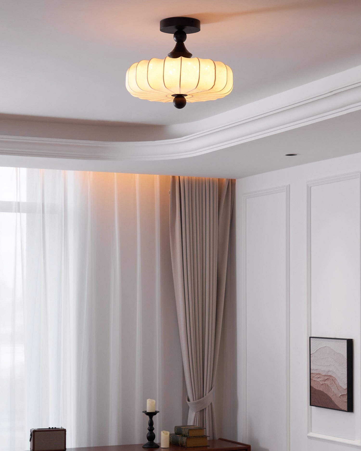 Fabric Scallop Semi-Flush Ceiling Light – Vintage Cream Fixture with Wood Accents