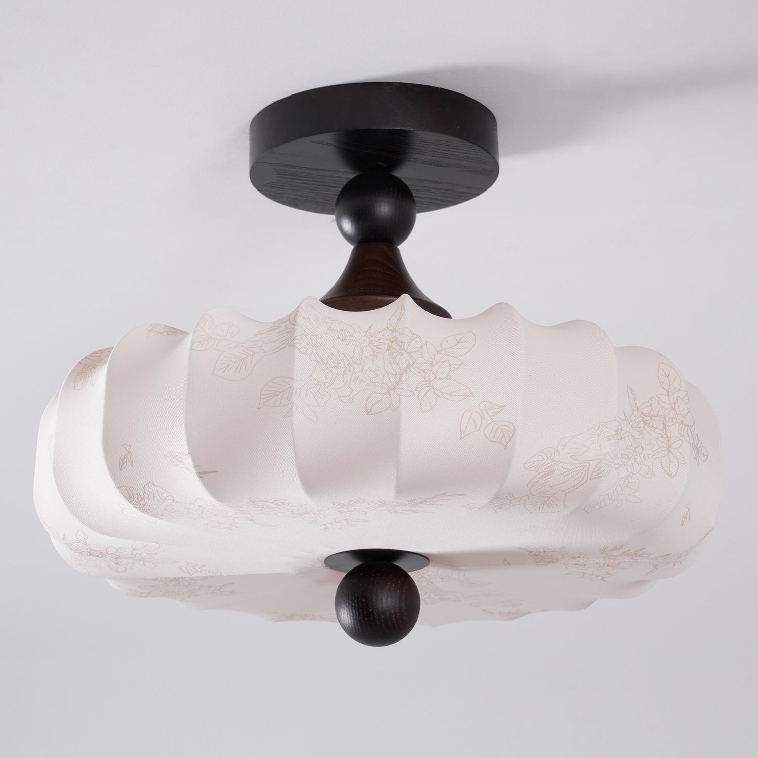 Fabric Scallop Semi-Flush Ceiling Light – Vintage Cream Fixture with Wood Accents