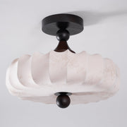 Fabric Scallop Semi-Flush Ceiling Light – Vintage Cream Fixture with Wood Accents