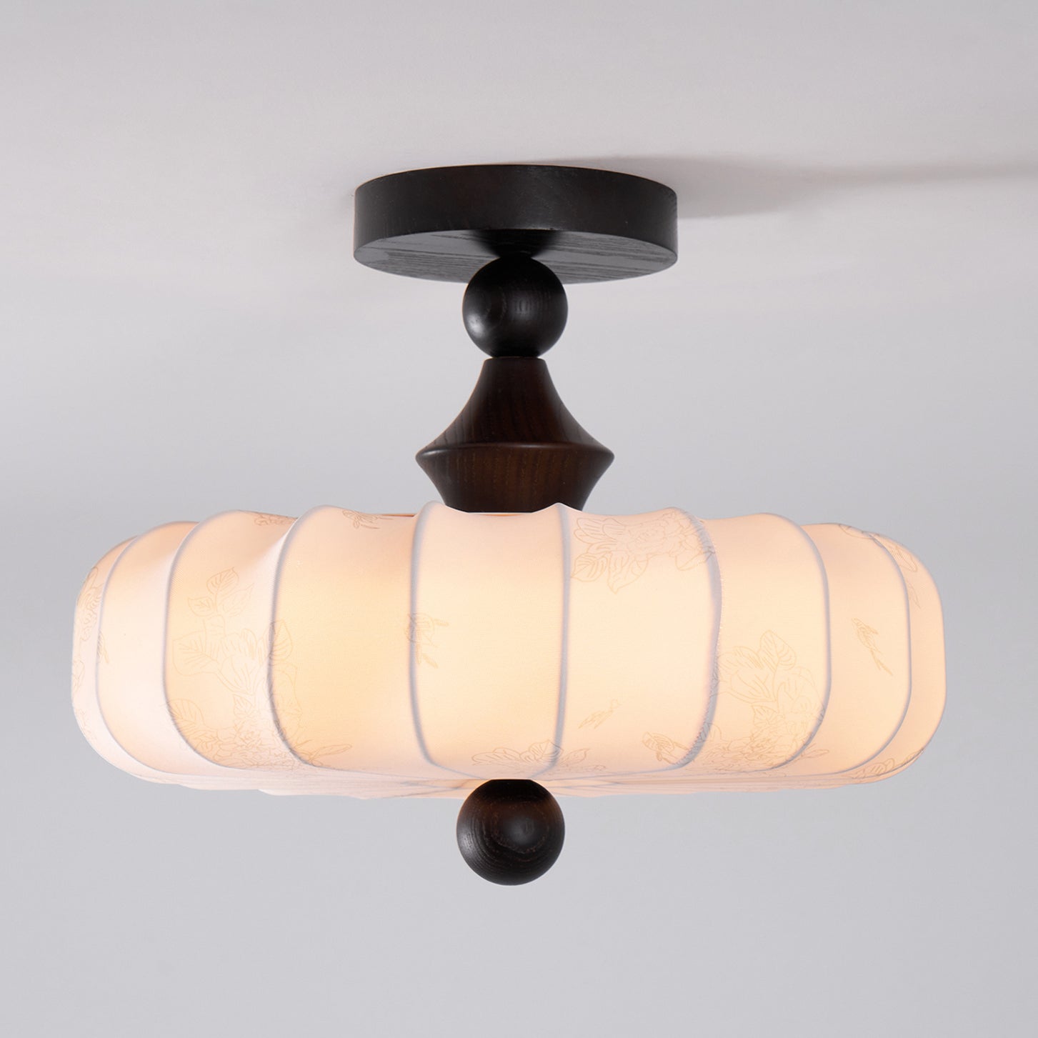 Fabric Scallop Semi-Flush Ceiling Light – Vintage Cream Fixture with Wood Accents