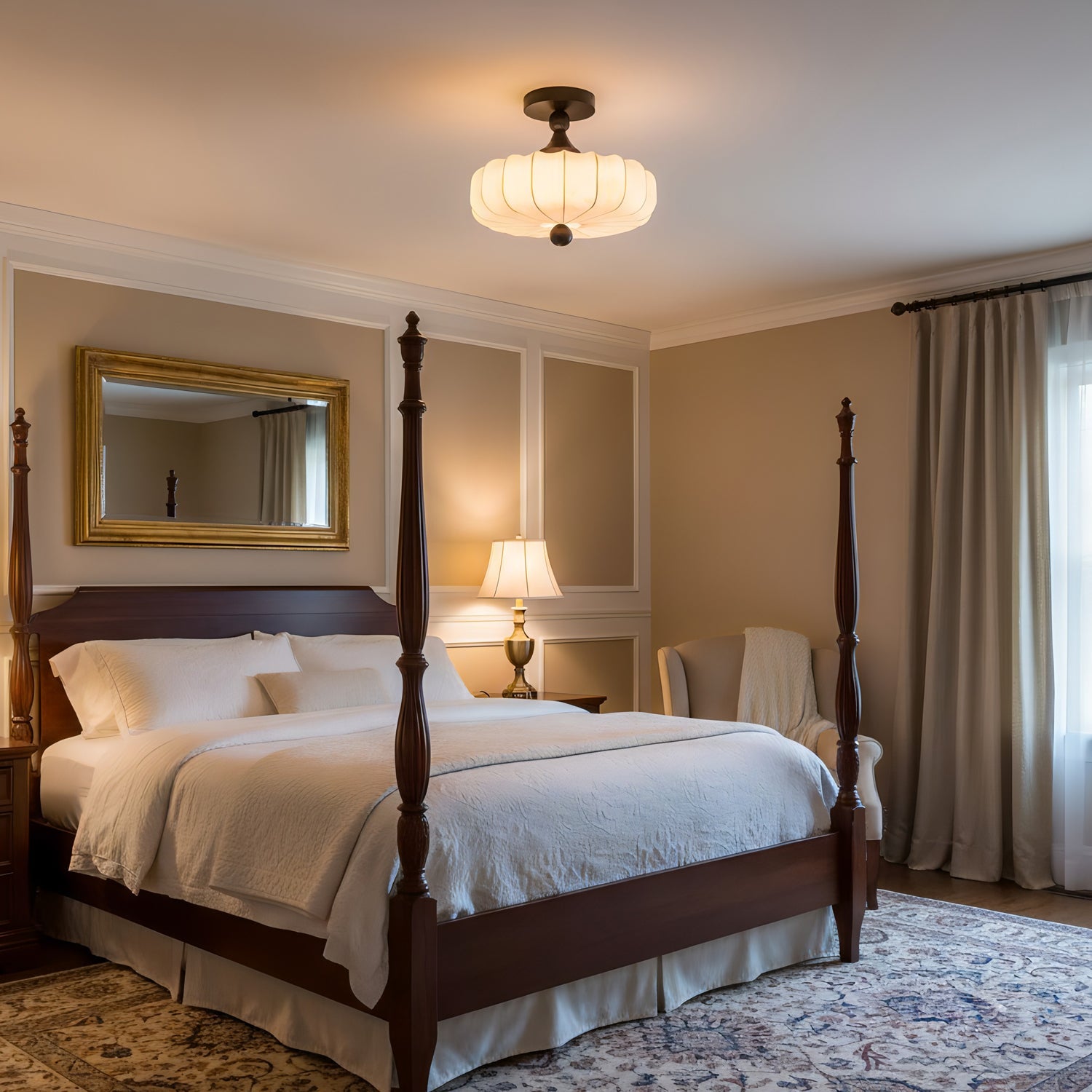 Fabric Scallop Semi-Flush Ceiling Light – Vintage Cream Fixture with Wood Accents