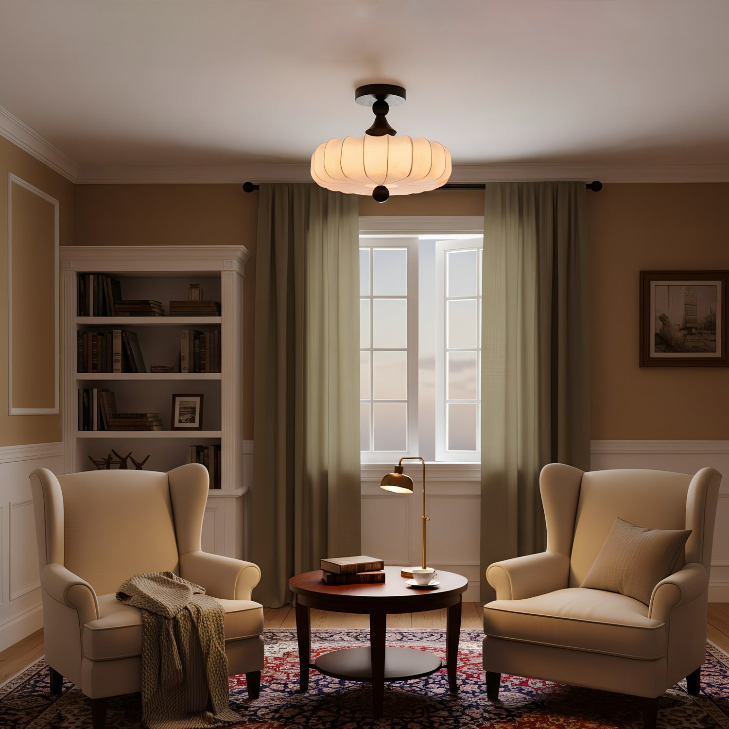 Fabric Scallop Semi-Flush Ceiling Light – Vintage Cream Fixture with Wood Accents