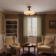 Fabric Scallop Semi-Flush Ceiling Light – Vintage Cream Fixture with Wood Accents