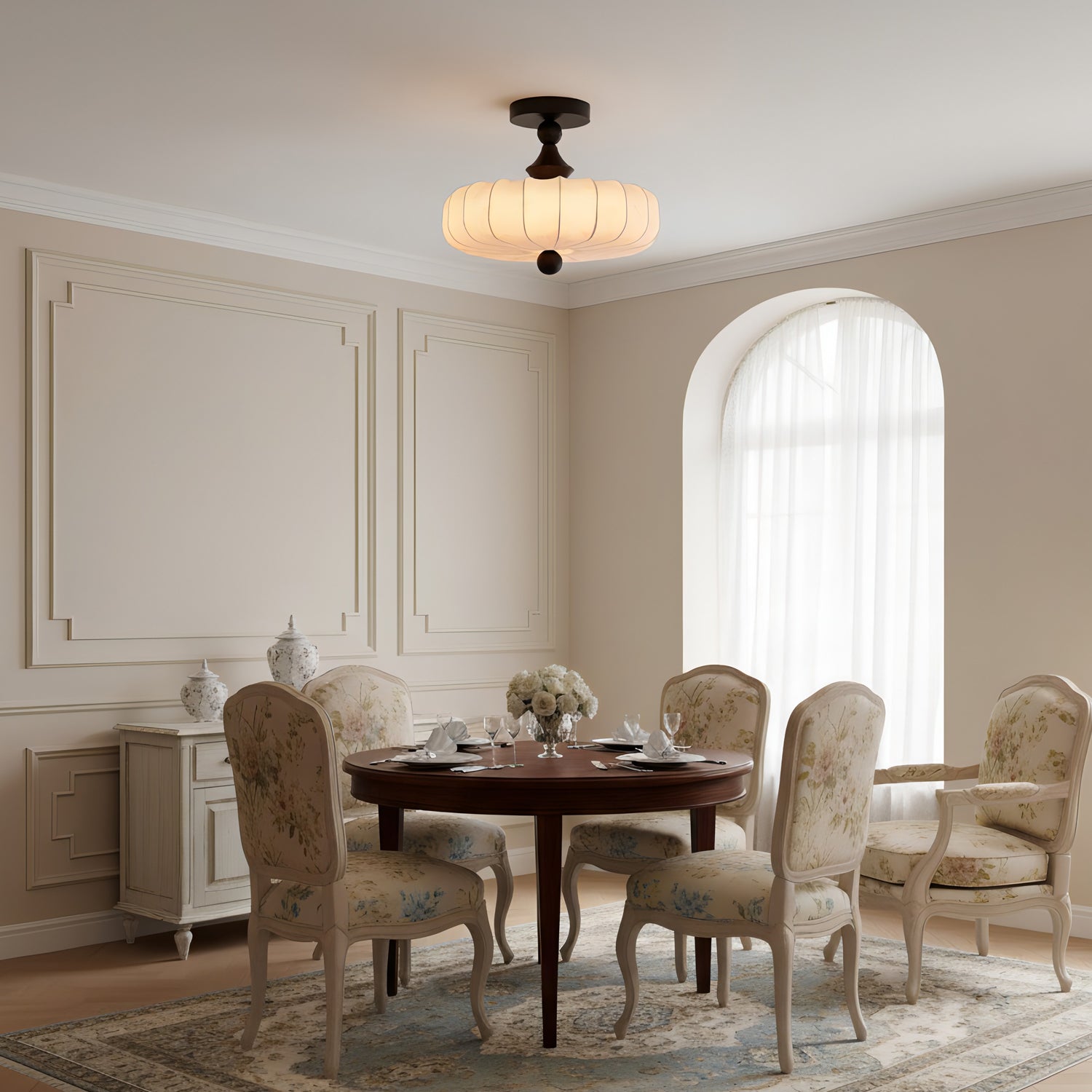 Fabric Scallop Semi-Flush Ceiling Light – Vintage Cream Fixture with Wood Accents