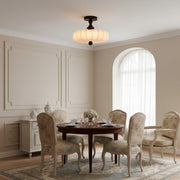 Fabric Scallop Semi-Flush Ceiling Light – Vintage Cream Fixture with Wood Accents