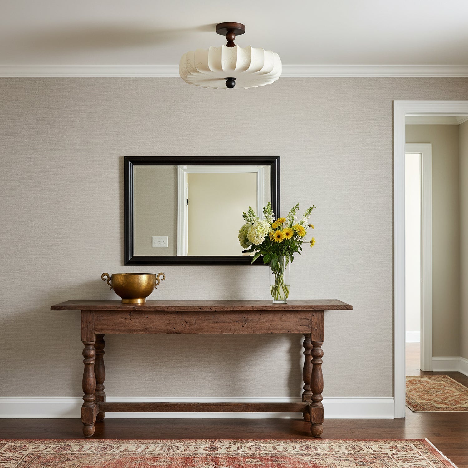 Fabric Scallop Semi-Flush Ceiling Light – Vintage Cream Fixture with Wood Accents