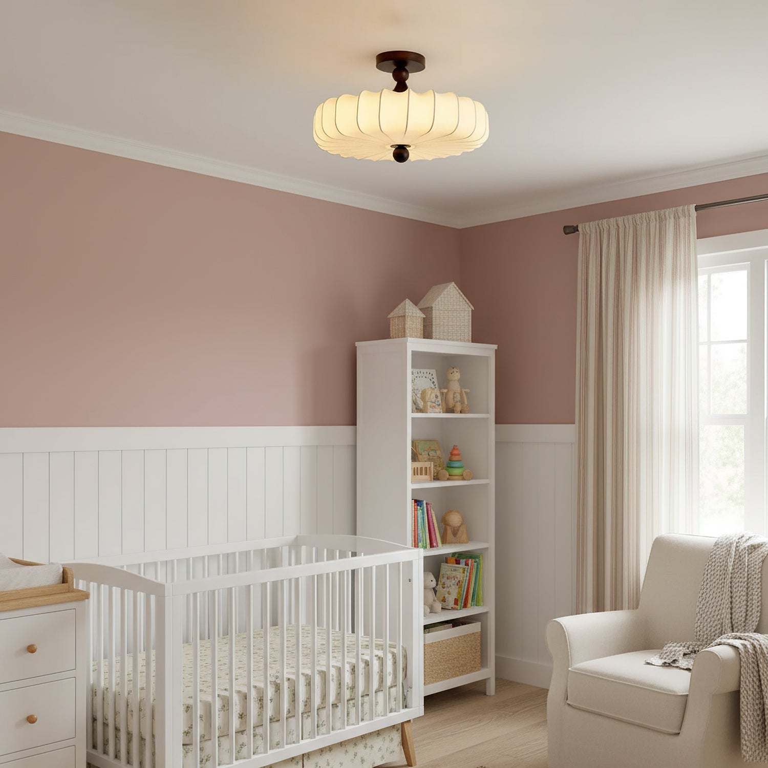 Fabric Scallop Semi-Flush Ceiling Light – Vintage Cream Fixture with Wood Accents