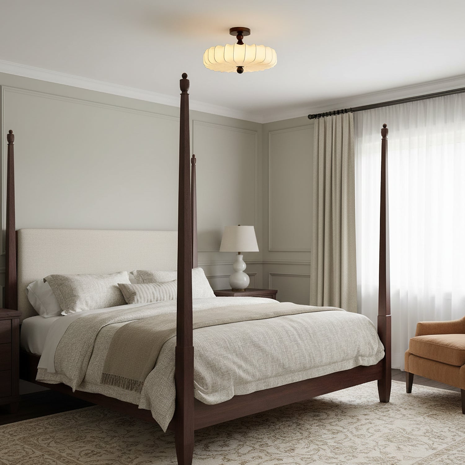 Fabric Scallop Semi-Flush Ceiling Light – Vintage Cream Fixture with Wood Accents