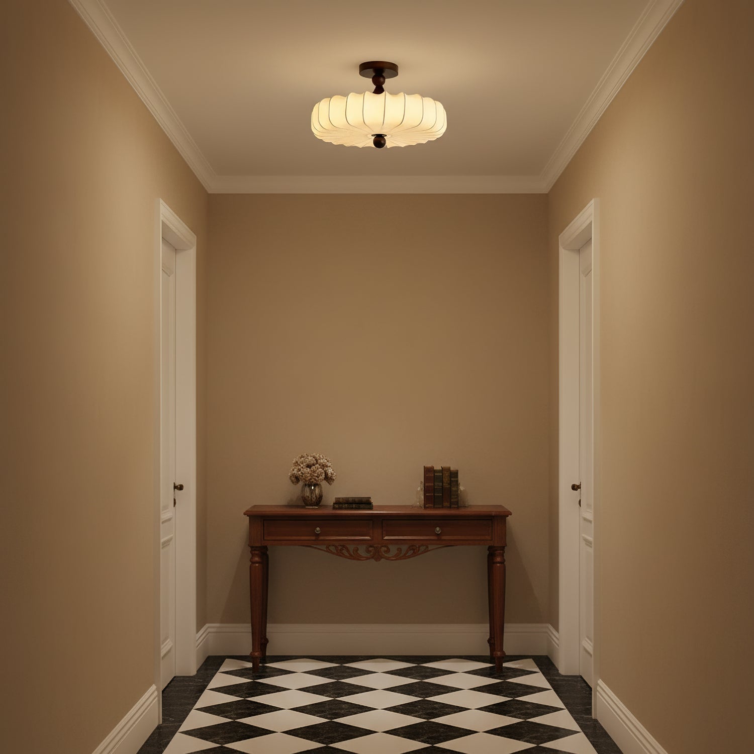 Fabric Scallop Semi-Flush Ceiling Light – Vintage Cream Fixture with Wood Accents