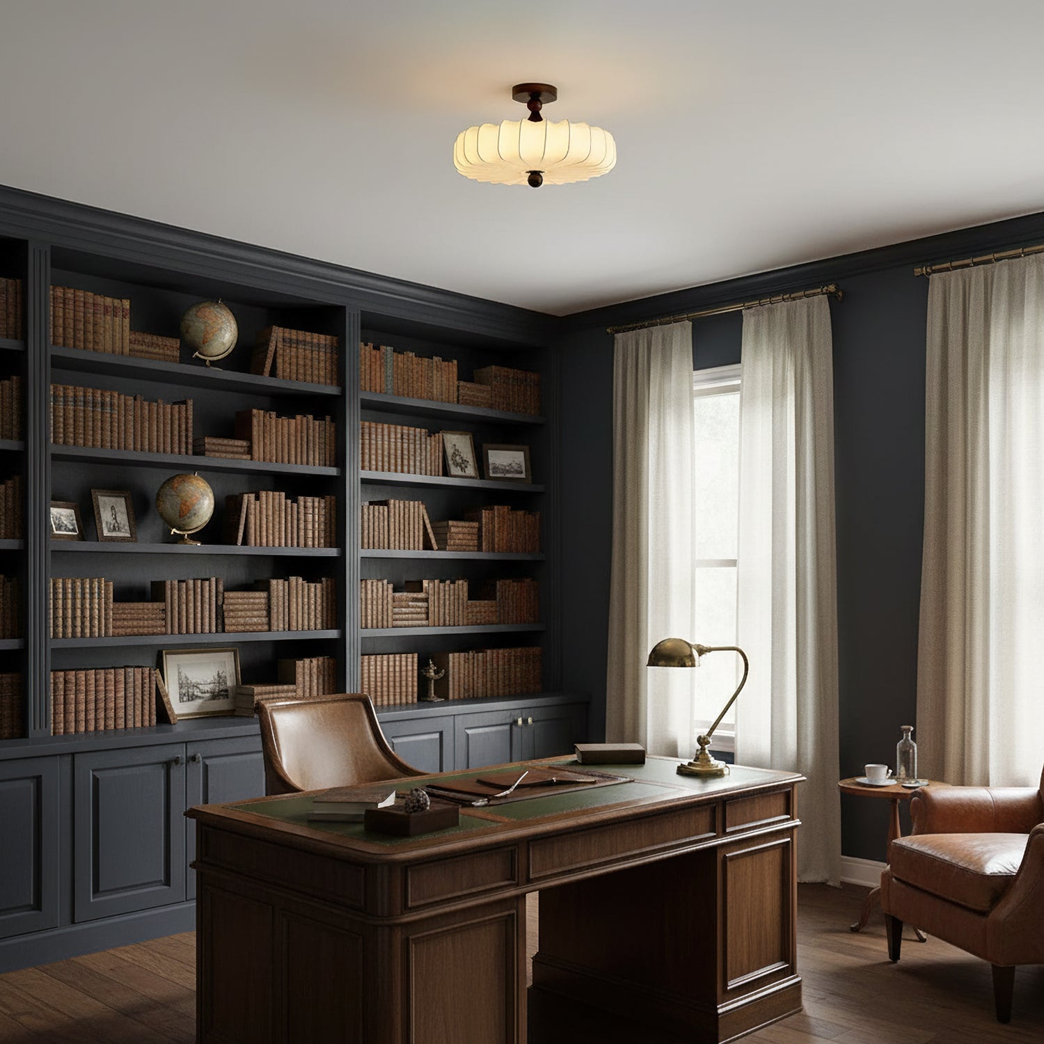 Fabric Scallop Semi-Flush Ceiling Light – Vintage Cream Fixture with Wood Accents