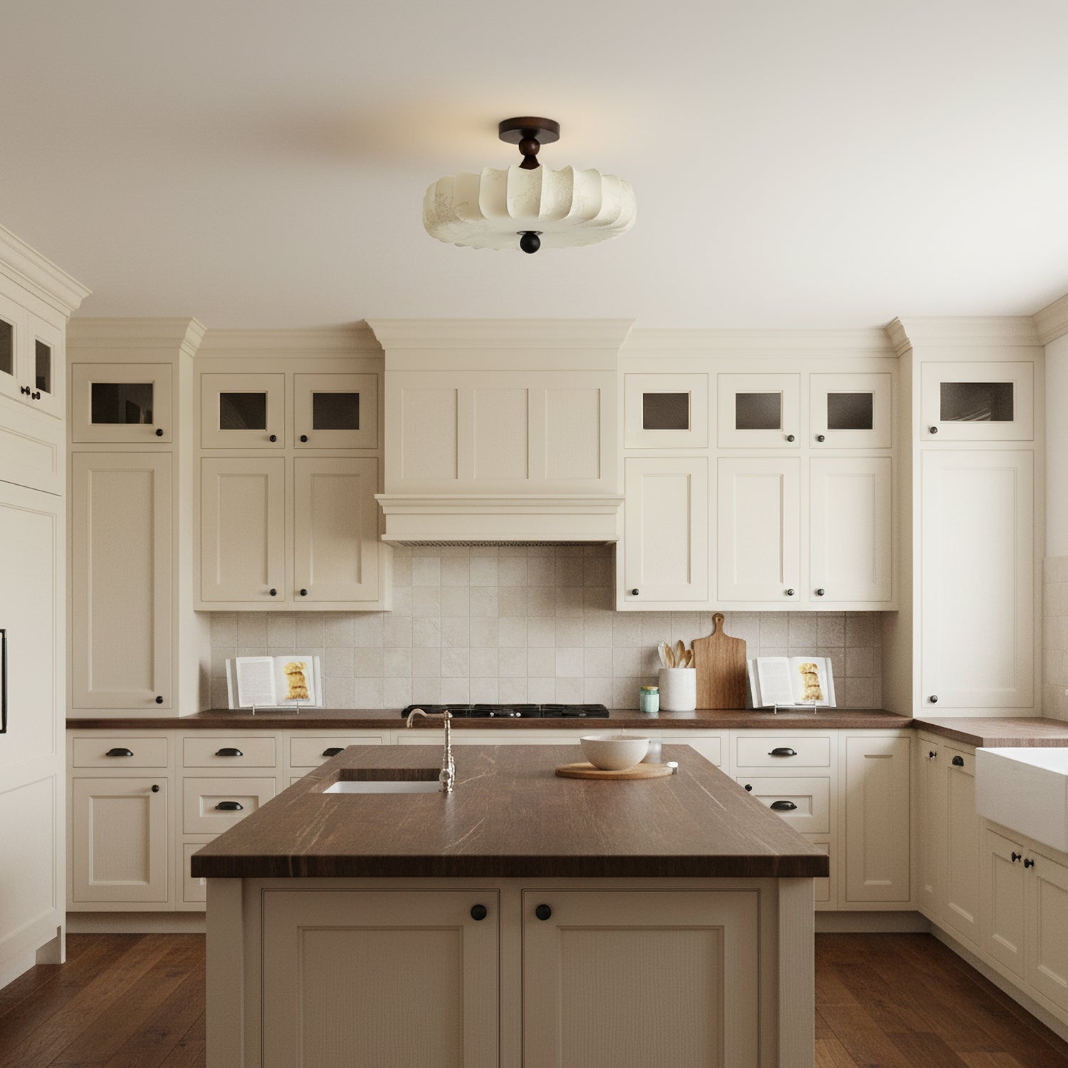 Fabric Scallop Semi-Flush Ceiling Light – Vintage Cream Fixture with Wood Accents