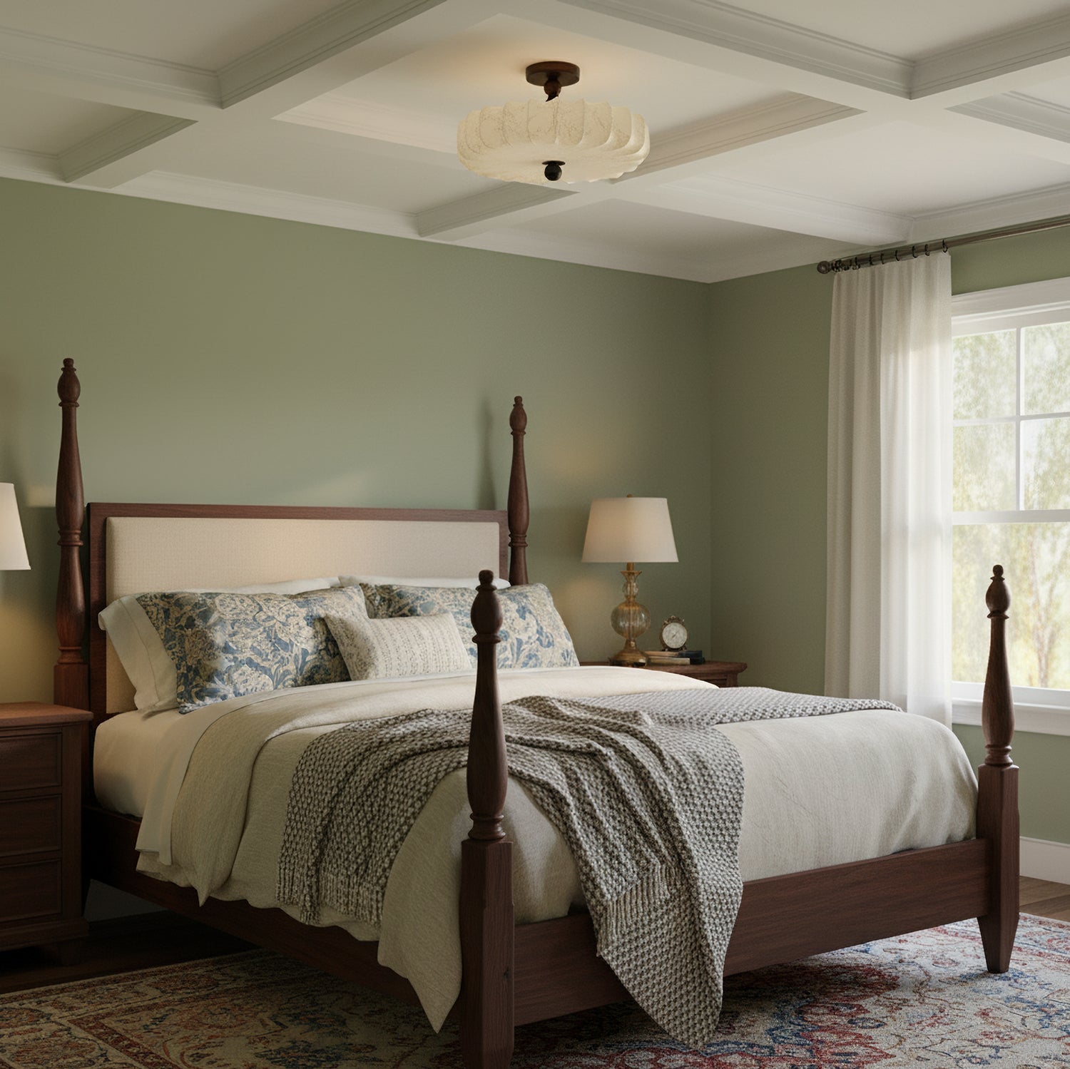 Fabric Scallop Semi-Flush Ceiling Light – Vintage Cream Fixture with Wood Accents