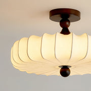 Fabric Scallop Semi-Flush Ceiling Light – Vintage Cream Fixture with Wood Accents