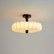 Fabric Scallop Semi-Flush Ceiling Light – Vintage Cream Fixture with Wood Accents