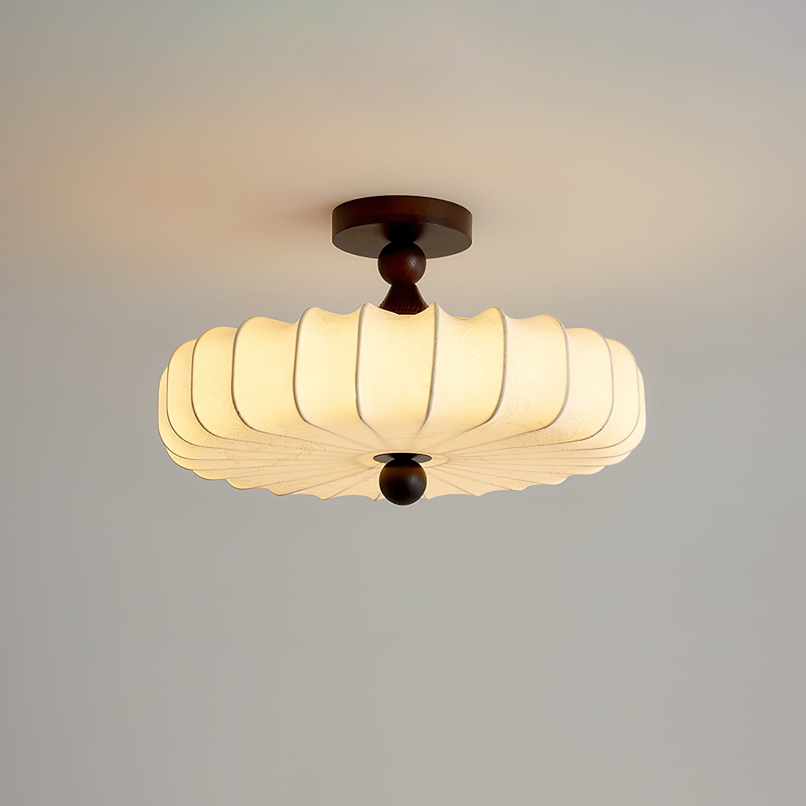 Fabric Scallop Semi-Flush Ceiling Light – Vintage Cream Fixture with Wood Accents