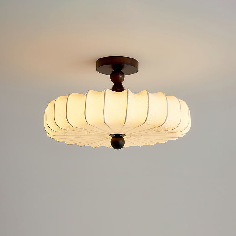 Fabric Scallop Semi-Flush Ceiling Light – Vintage Cream Fixture with Wood Accents
