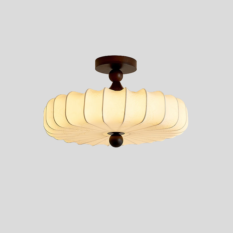 Fabric Scallop Semi-Flush Ceiling Light – Vintage Cream Fixture with Wood Accents