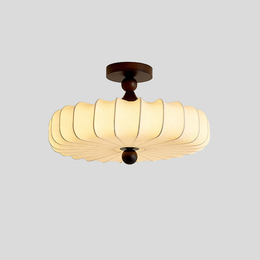 Fabric Scallop Semi-Flush Ceiling Light – Vintage Cream Fixture with Wood Accents