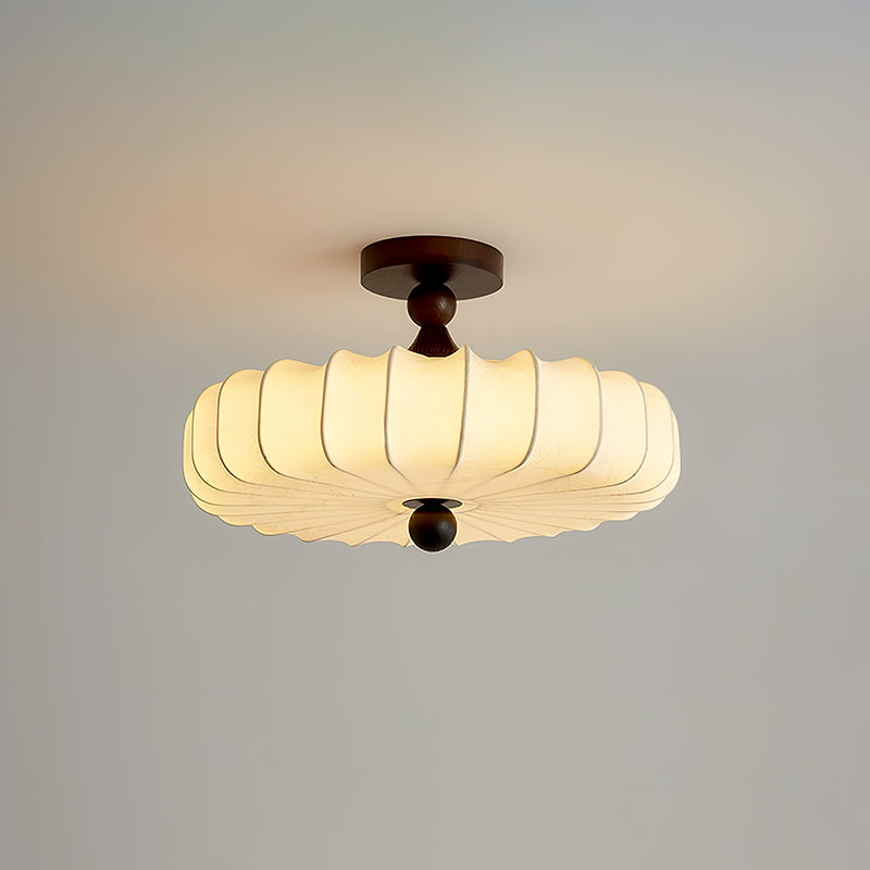 Fabric Scallop Semi-Flush Ceiling Light – Vintage Cream Fixture with Wood Accents