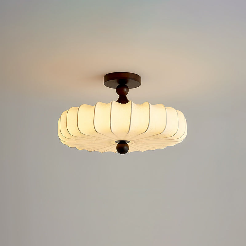 Fabric Scallop Semi-Flush Ceiling Light – Vintage Cream Fixture with Wood Accents