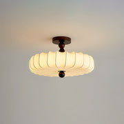 Fabric Scallop Semi-Flush Ceiling Light – Vintage Cream Fixture with Wood Accents