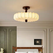 Fabric Scallop Semi-Flush Ceiling Light – Vintage Cream Fixture with Wood Accents
