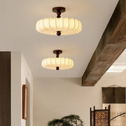 Fabric Scallop Semi-Flush Ceiling Light – Vintage Cream Fixture with Wood Accents