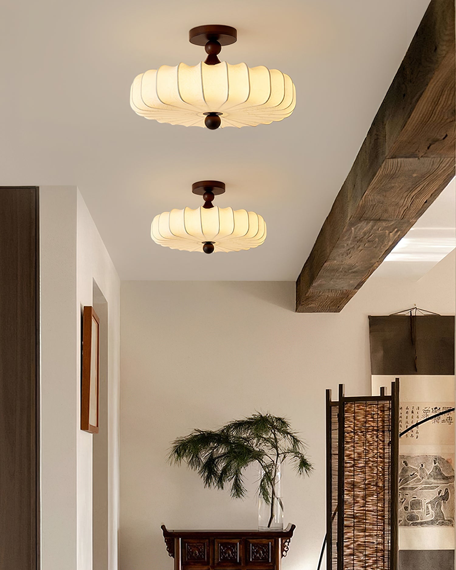 Fabric Scallop Semi-Flush Ceiling Light – Vintage Cream Fixture with Wood Accents