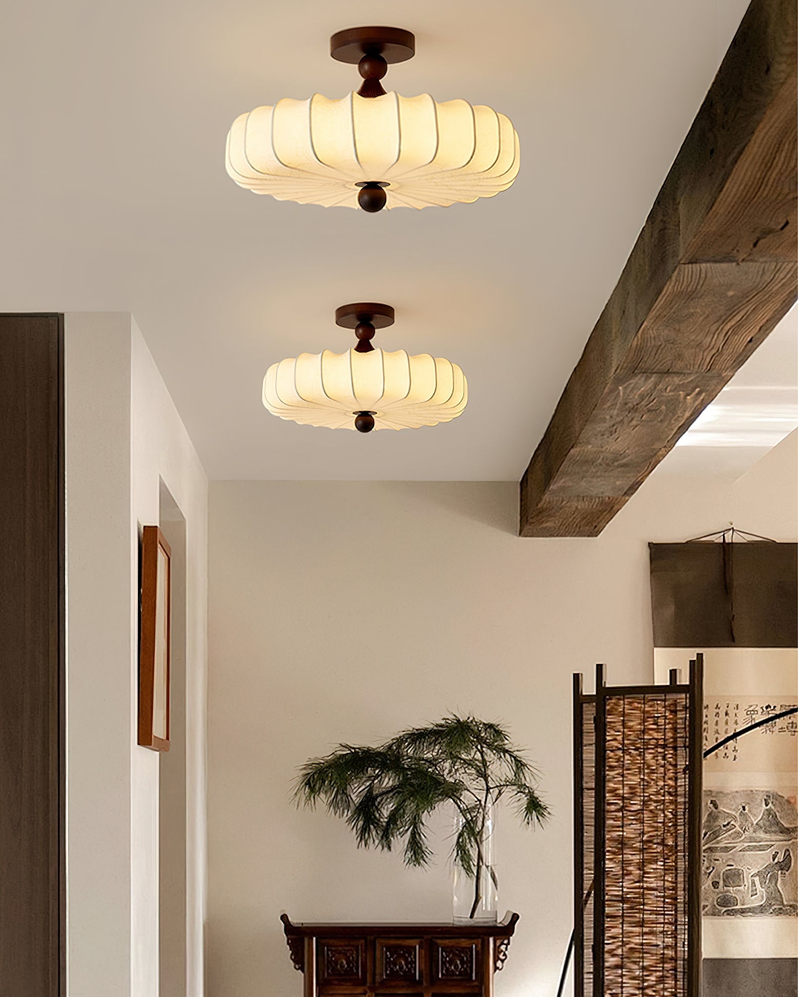 Fabric Scallop Semi-Flush Ceiling Light – Vintage Cream Fixture with Wood Accents