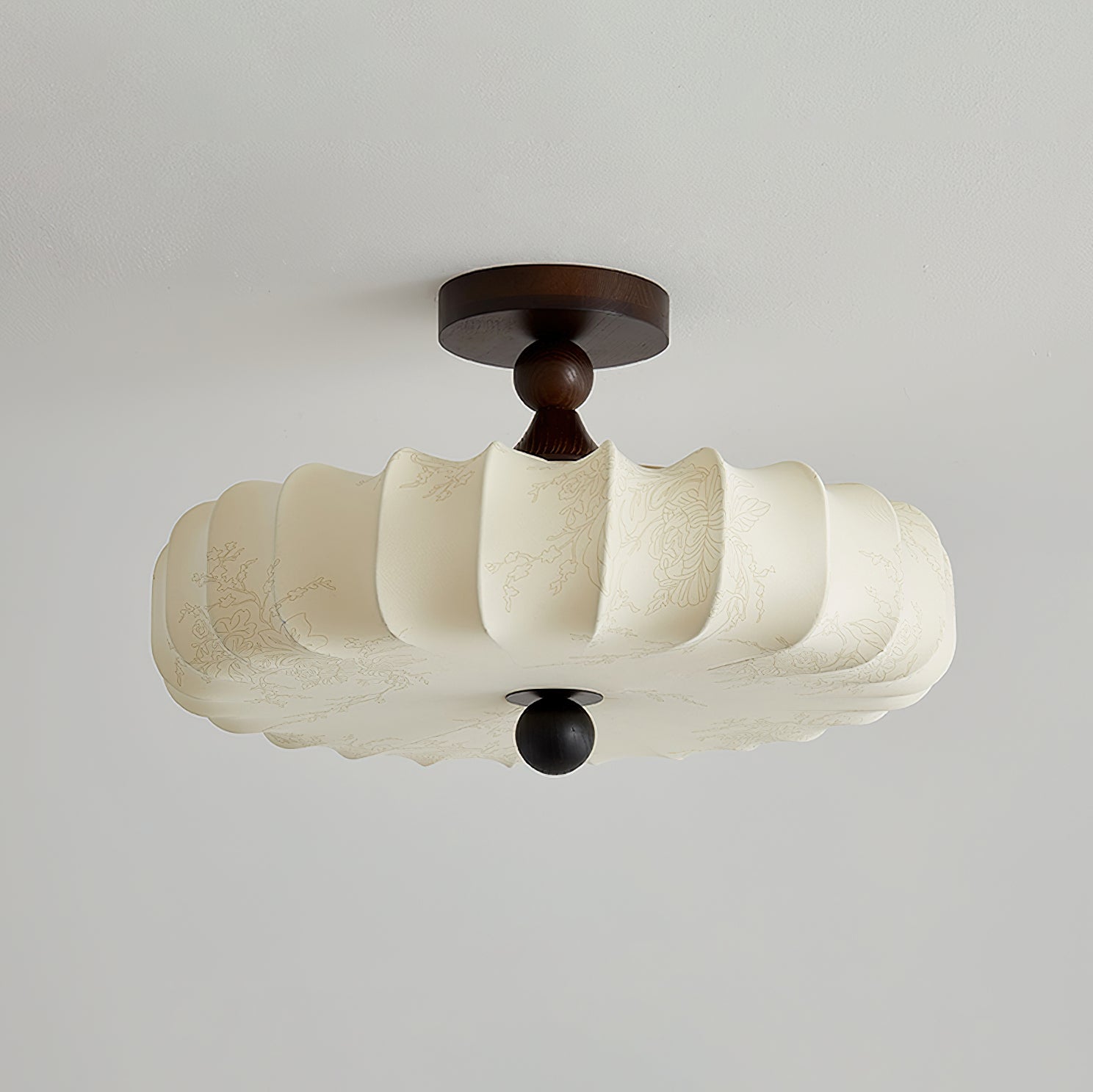 Fabric Scallop Semi-Flush Ceiling Light – Vintage Cream Fixture with Wood Accents