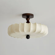 Fabric Scallop Semi-Flush Ceiling Light – Vintage Cream Fixture with Wood Accents