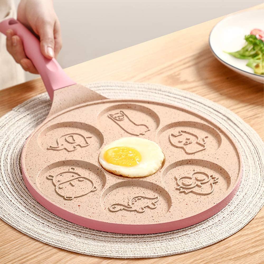 Faunlet Animal Pancake Pan – Nonstick 7 Mold Kids Breakfast Griddle Red Handle Kitchen Cookware