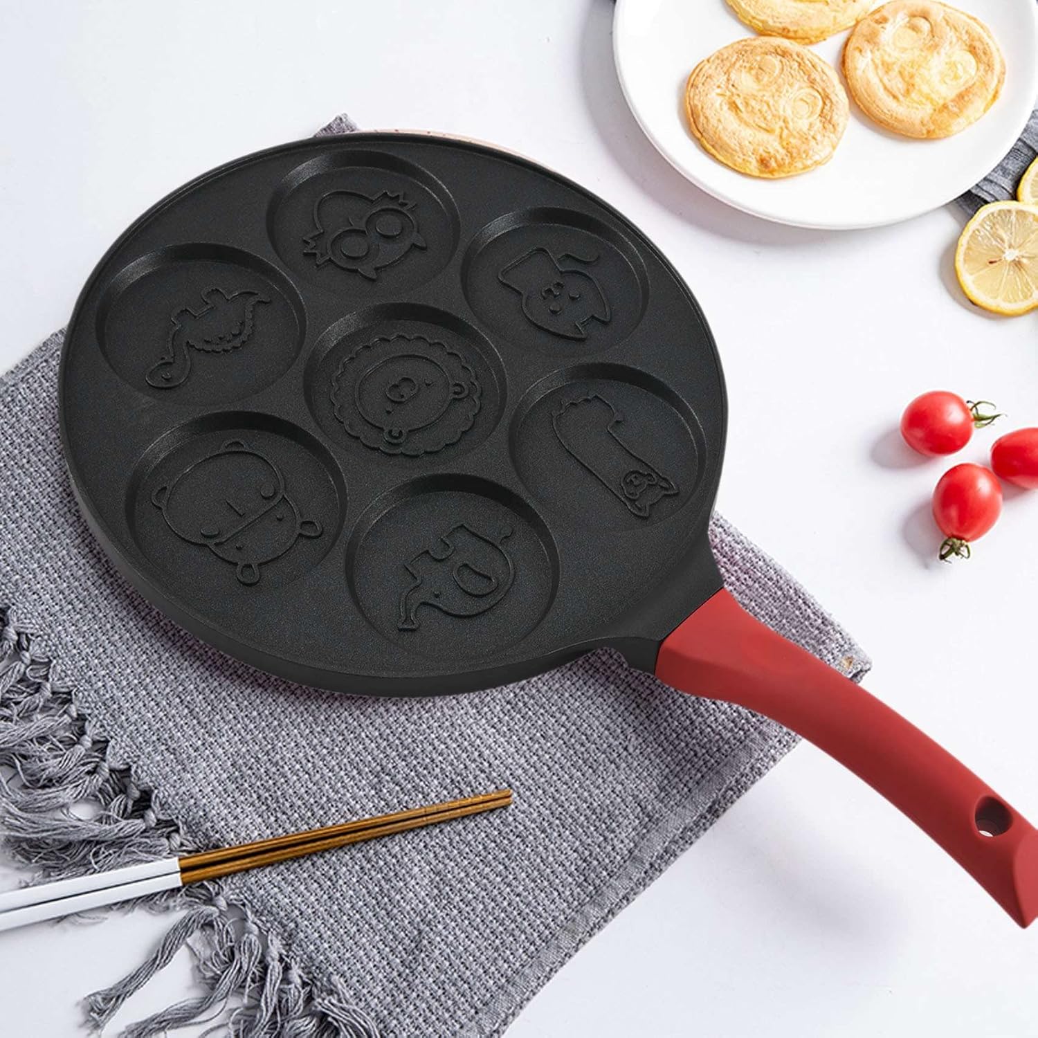Faunlet Animal Pancake Pan – Nonstick 7 Mold Kids Breakfast Griddle Red Handle Kitchen Cookware