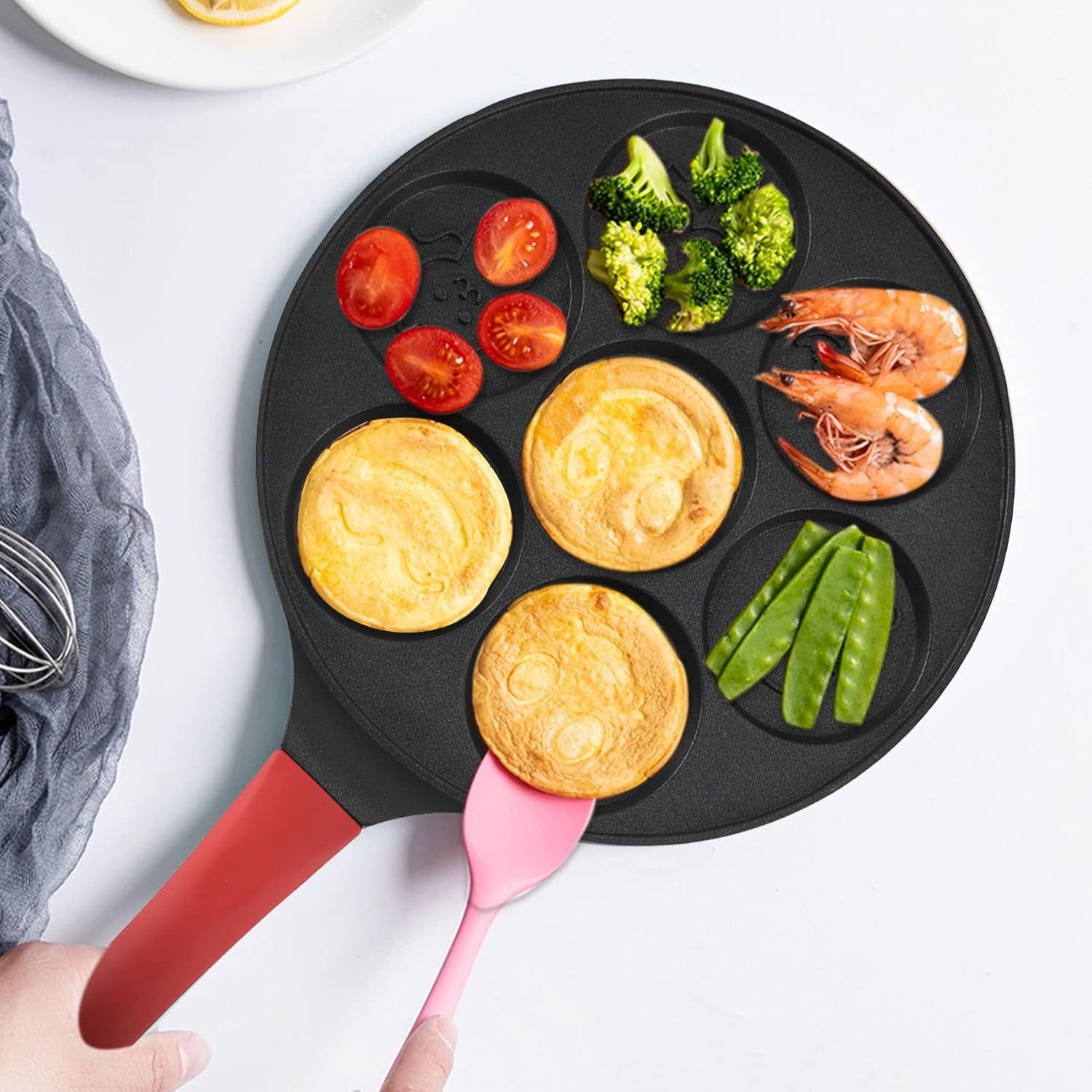 Faunlet Animal Pancake Pan – Nonstick 7 Mold Kids Breakfast Griddle Red Handle Kitchen Cookware