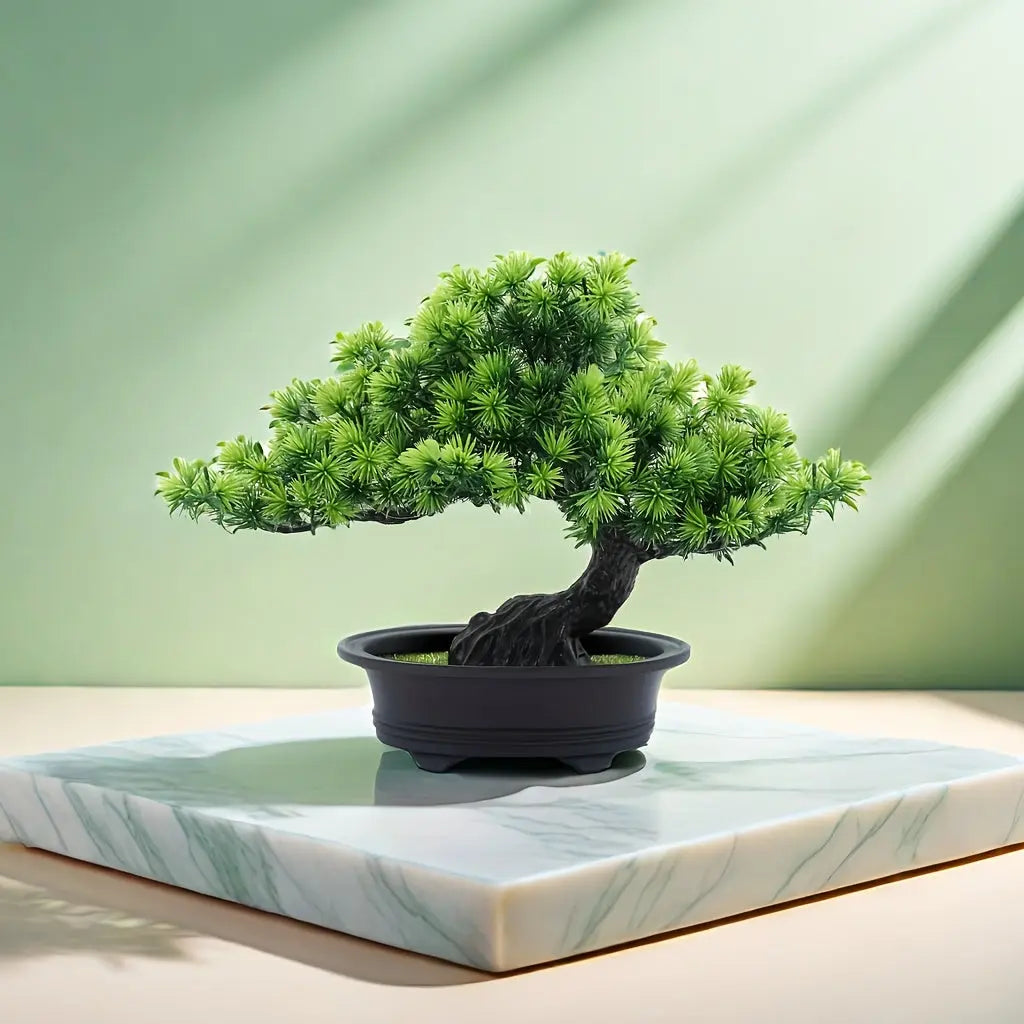 Zenari Bonsai Tree Decor – Artificial Pine Bonsai Tree Black Pot Japanese Zen Style Home Office