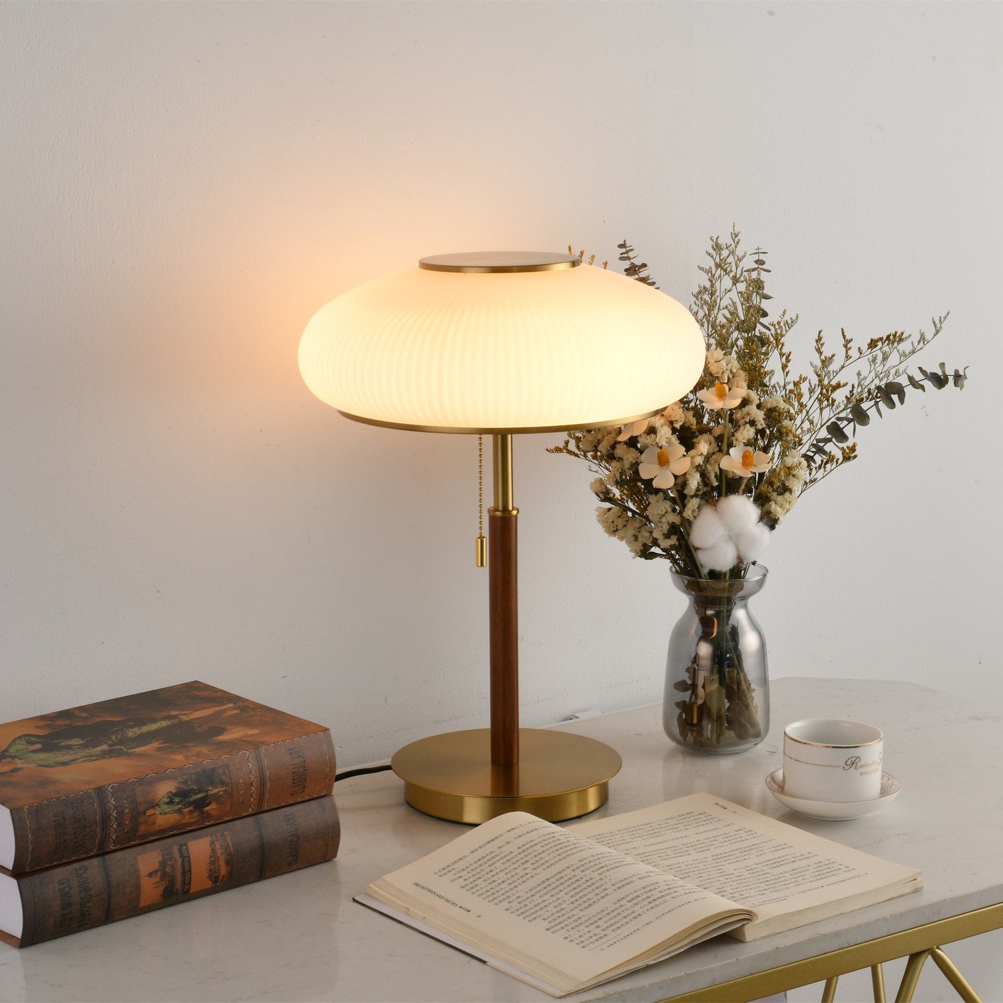 Solstice Ribbed Glass Table Lamp – Modern Brass Accent Bedside Light