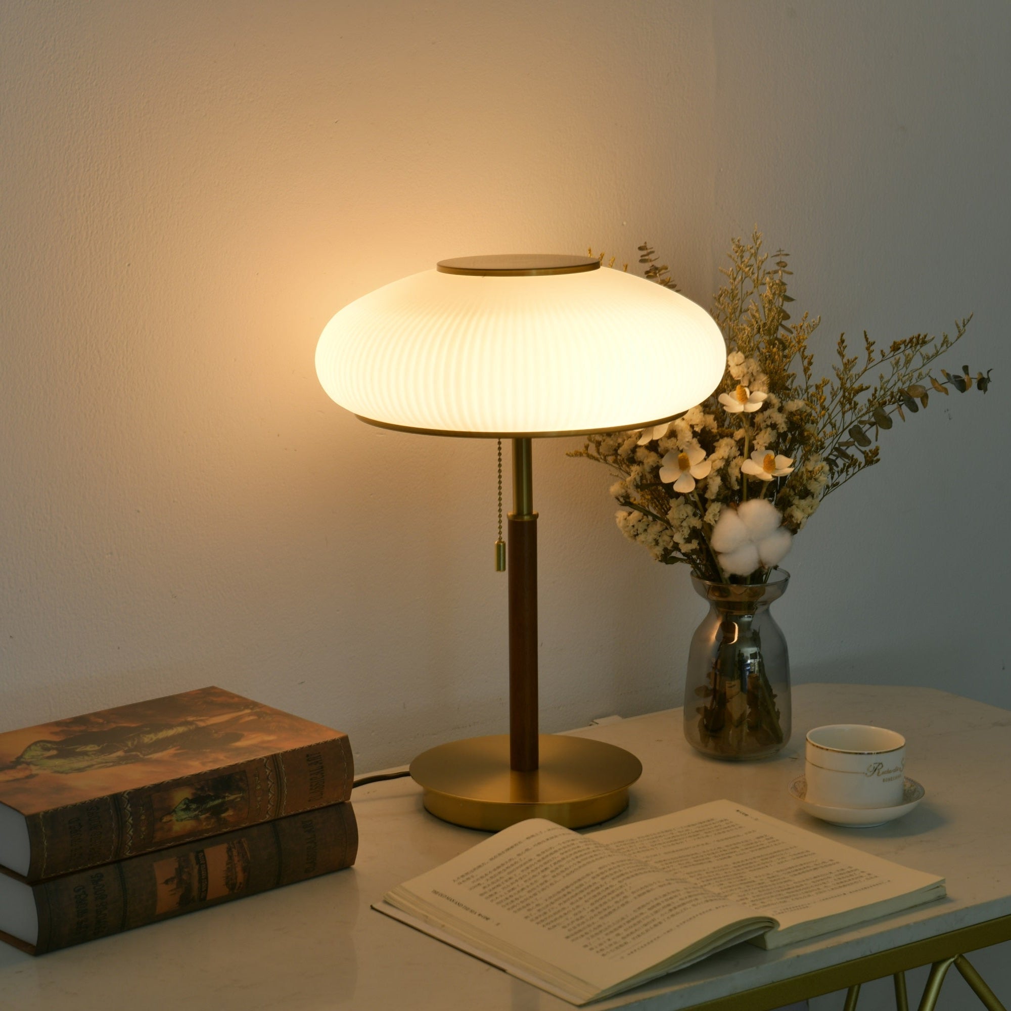 Solstice Ribbed Glass Table Lamp – Modern Brass Accent Bedside Light