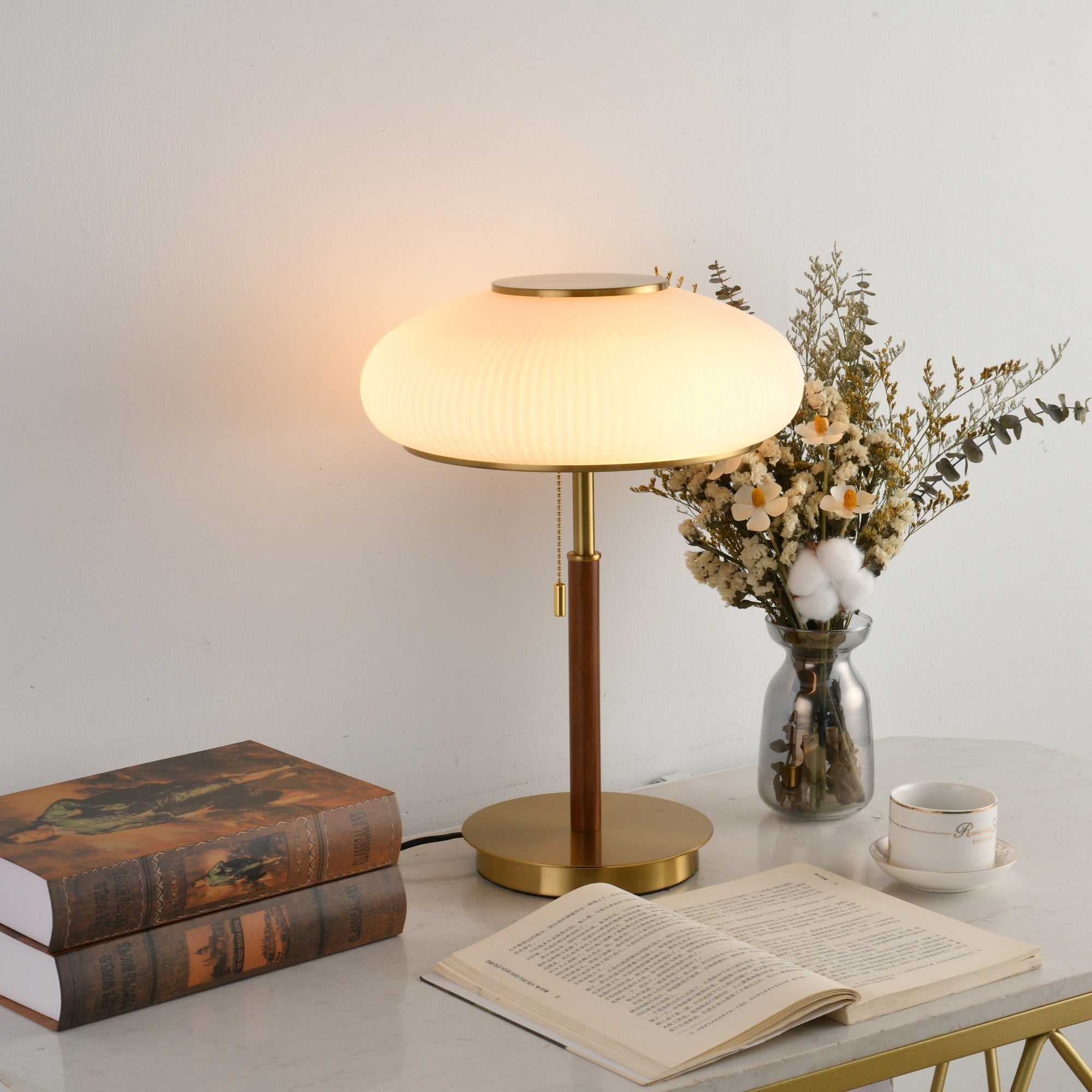 Solstice Ribbed Glass Table Lamp – Modern Brass Accent Bedside Light