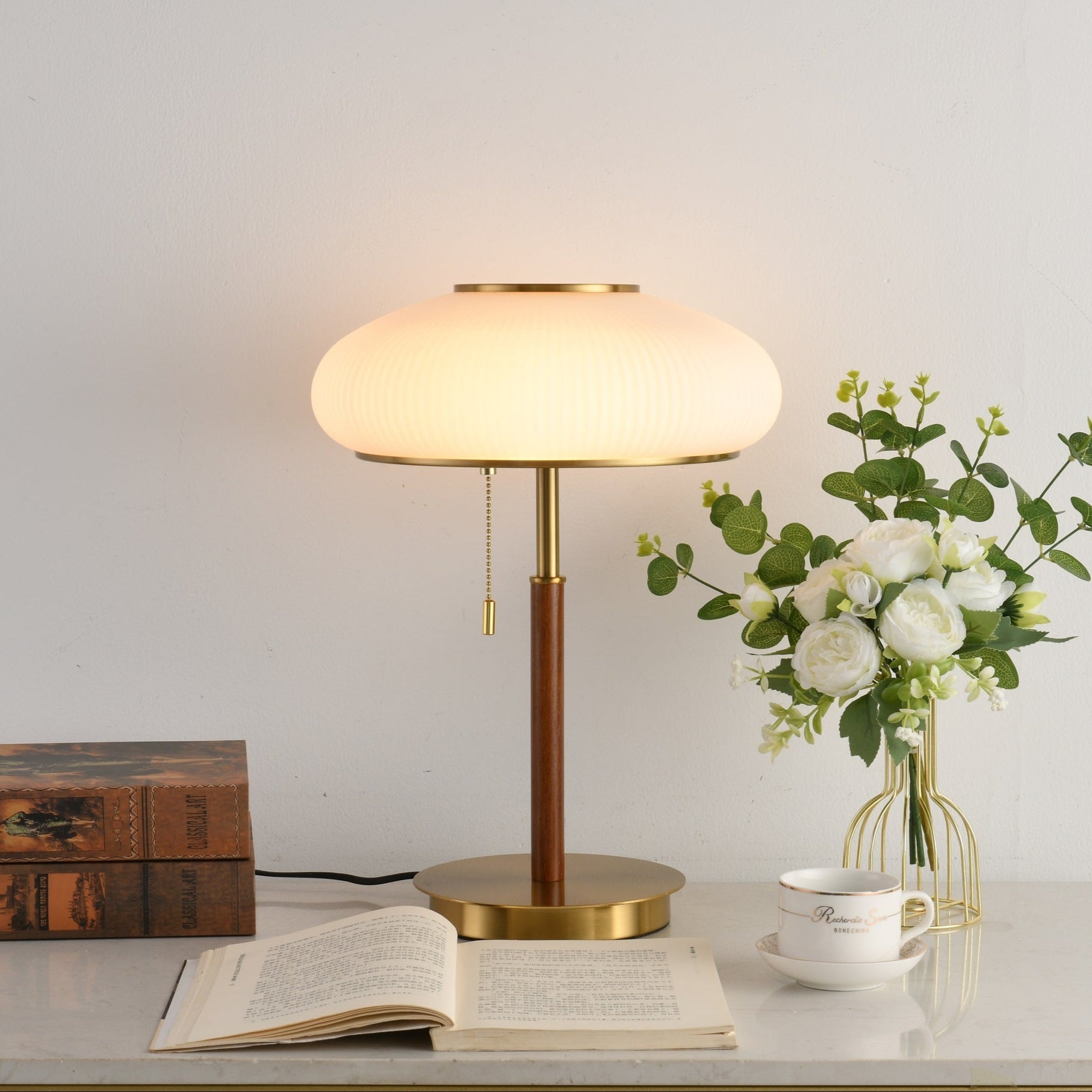 Solstice Ribbed Glass Table Lamp – Modern Brass Accent Bedside Light
