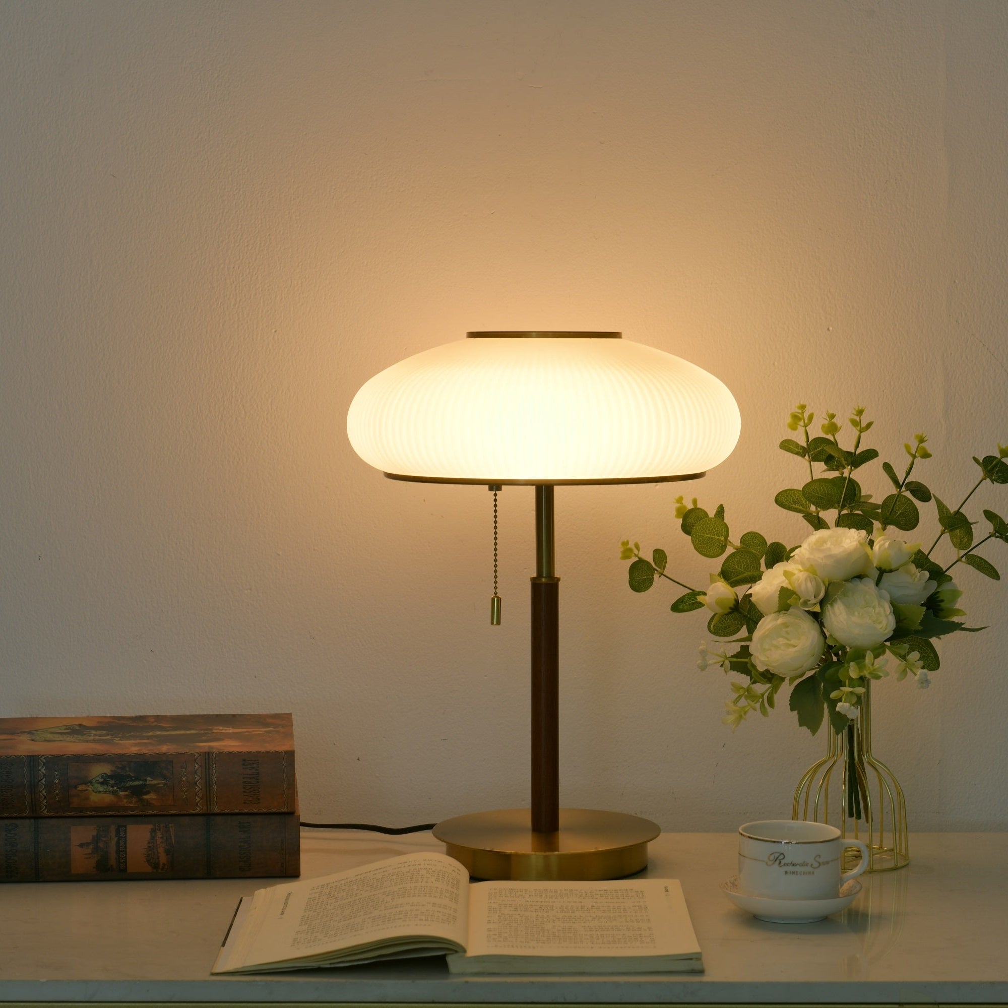 Solstice Ribbed Glass Table Lamp – Modern Brass Accent Bedside Light