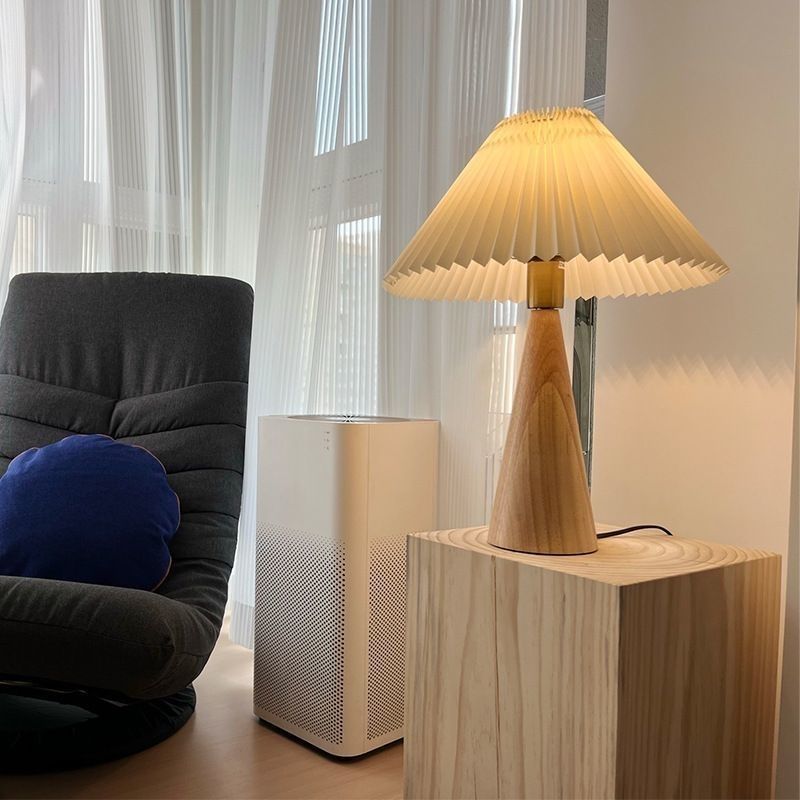 Walnut Cone Pleated Shade Table Lamp – Modern Warm Ambient Light